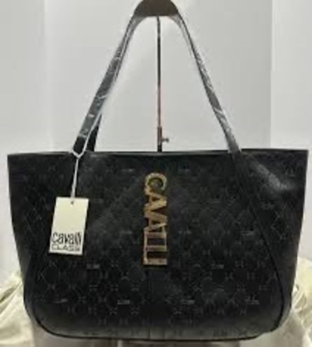 Cavalli Class Black Quilted Logo Tote Shoulder Bag NWT